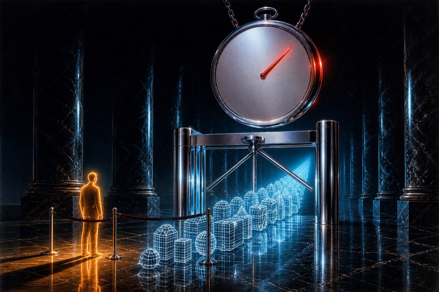 A chrome turnstile in a dark marble hall: a queue of glowing blue wireframe forms streams through it while a single amber human figure stands stopped behind a velvet rope, under an enormous suspended stopwatch.
