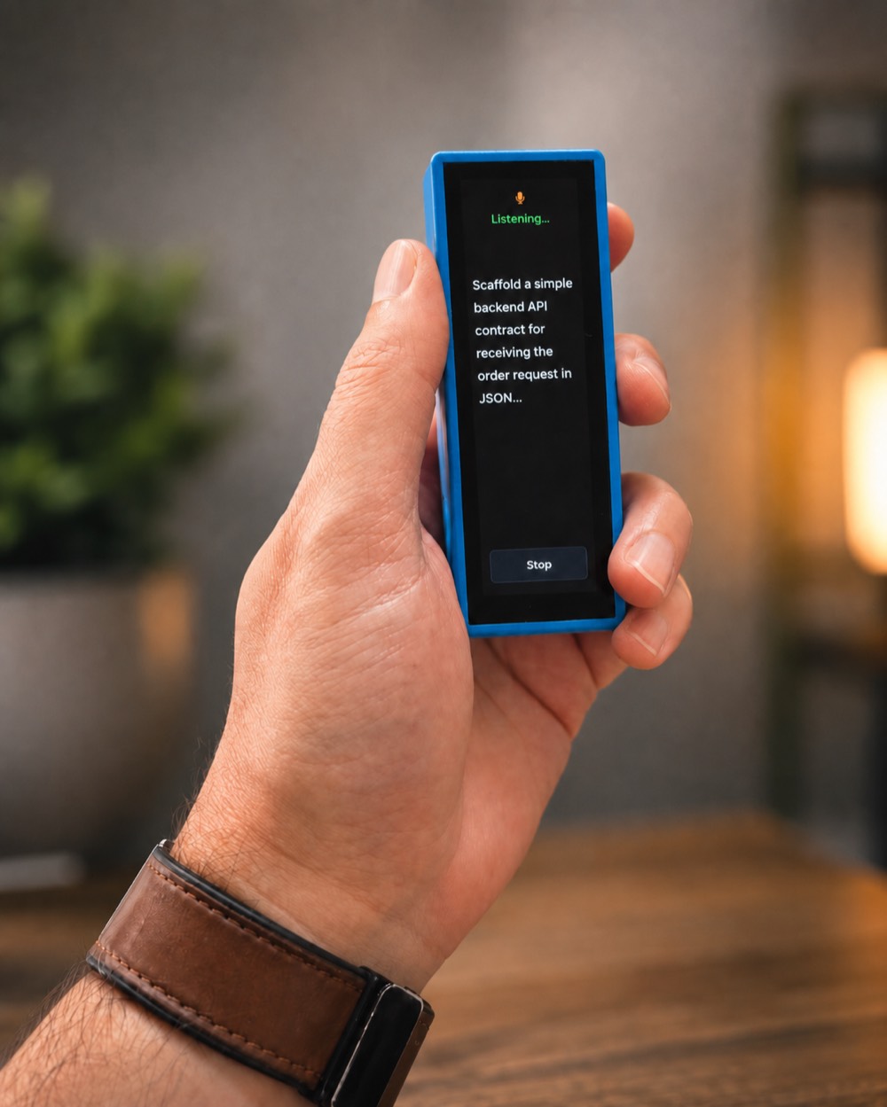 A hand holding the claudeq device outdoors, its screen showing the Listening voice prompt.