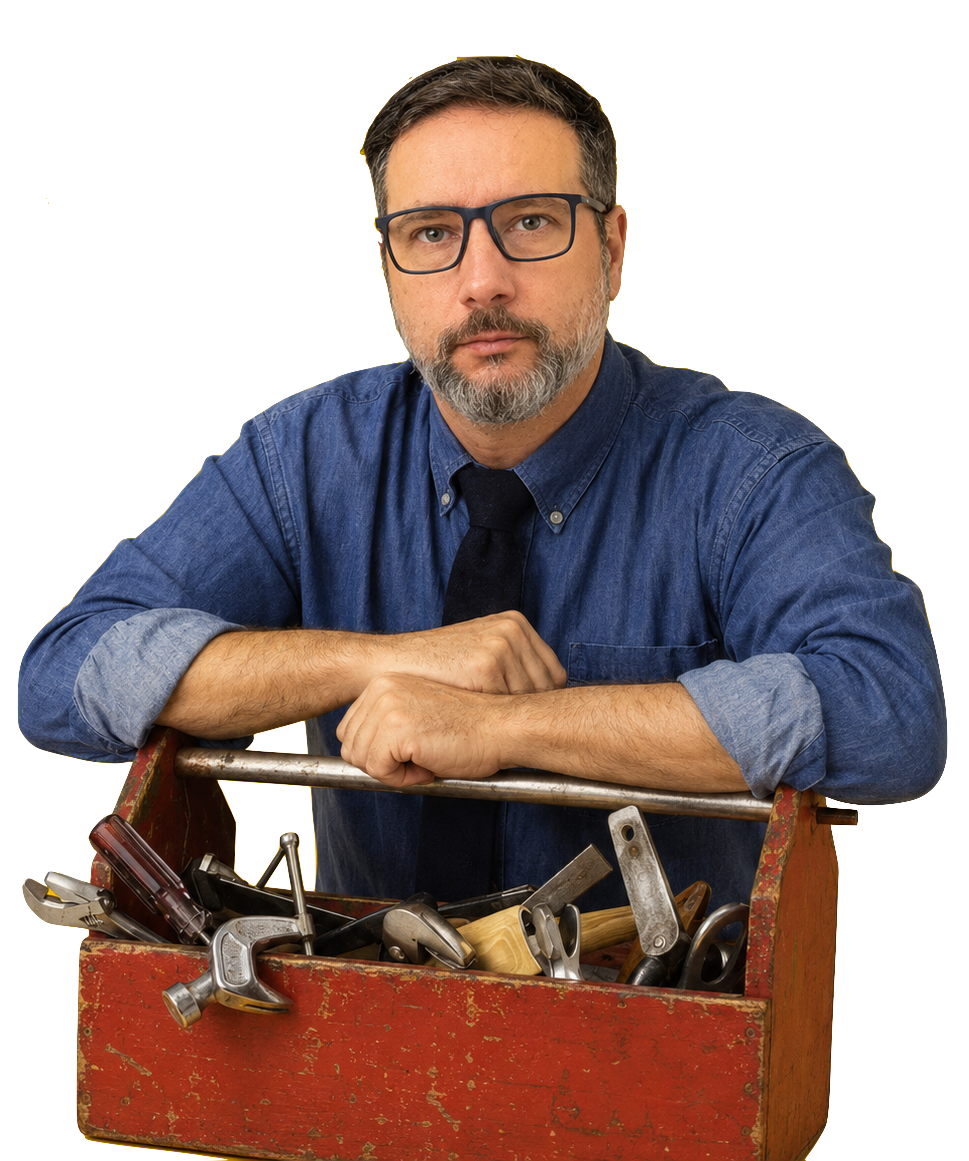 Marcos, leaning on a battered red toolbox loaded with tools, arms crossed, looking straight at the camera.