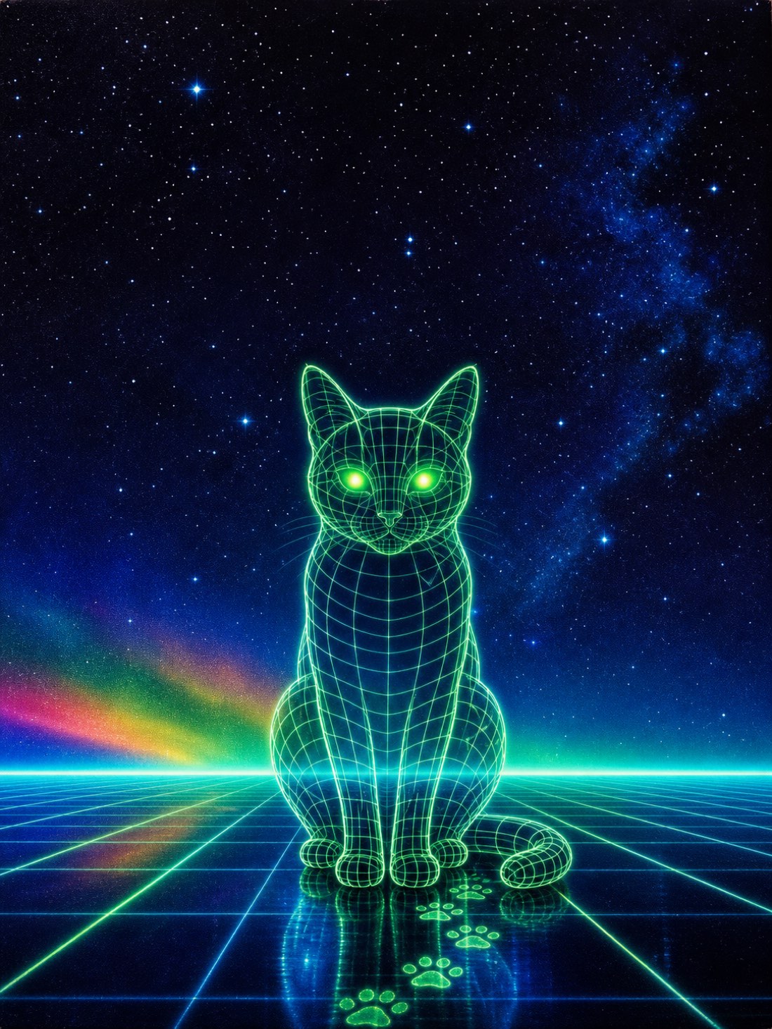 A glowing green wireframe cat — see-through against a starfield — sits on an infinite neon grid beneath the Milky Way and a rainbow aurora.