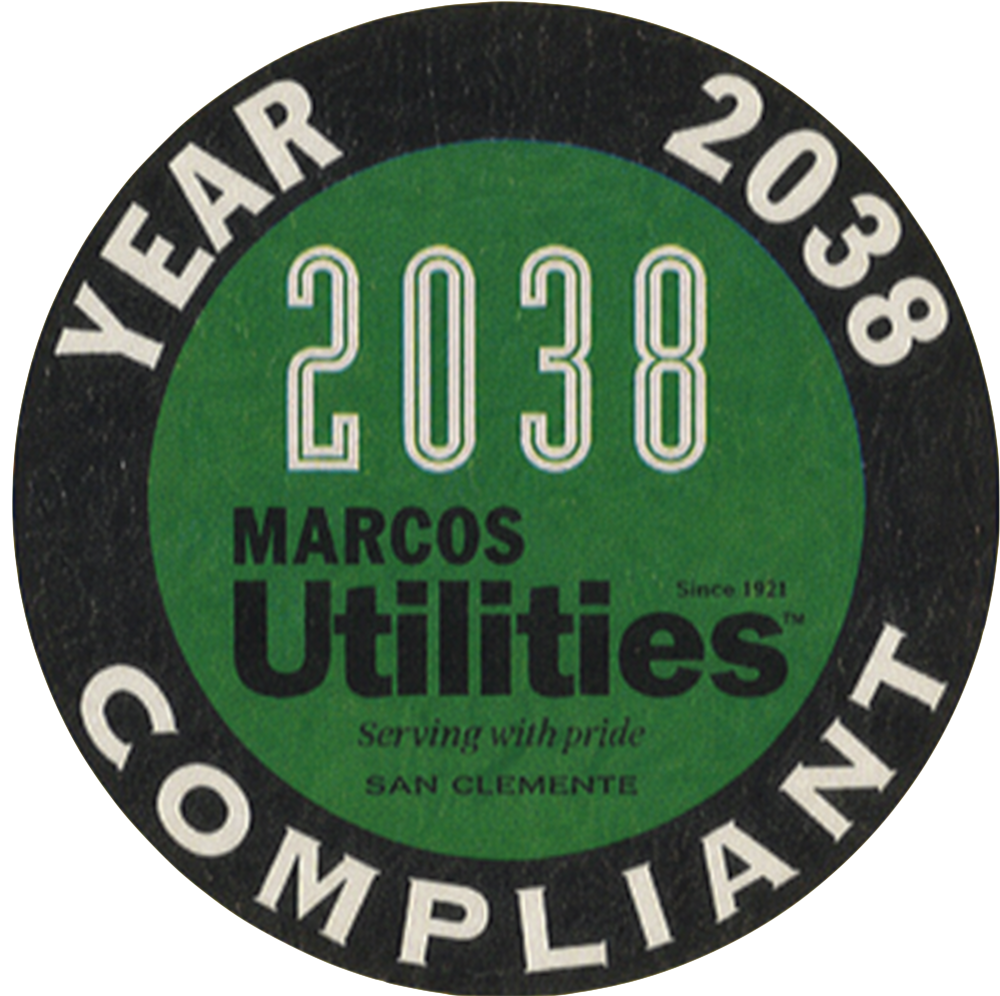 A Year 2038 Compliant seal — Marcos Utilities, since 1921, serving with pride, San Clemente.