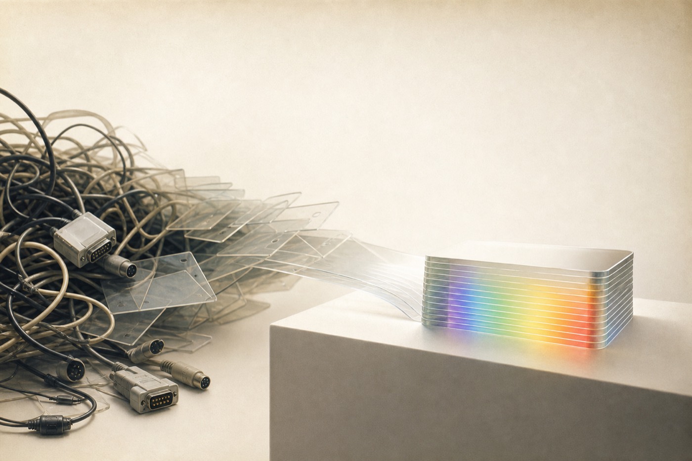 A chaotic tangle of cables and scattered translucent cards resolving into a single calm, perfectly aligned stack of glowing glass cards on a pedestal, a soft rainbow refracting through the edges.