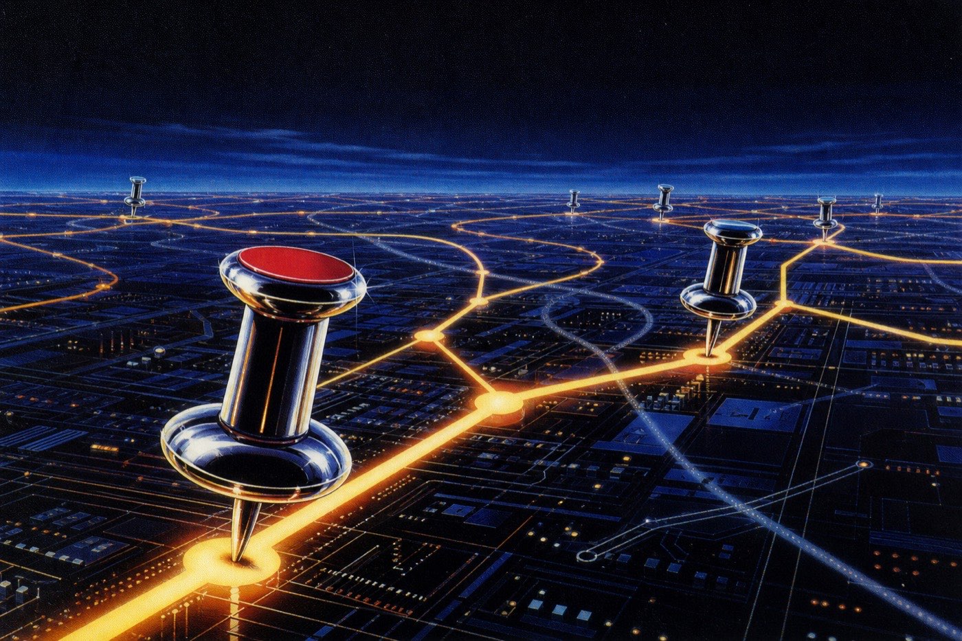 Oversized chrome push-pins driven into a glowing network of routing light-trails, pinning bright routes firmly in place while unpinned routes drift away.