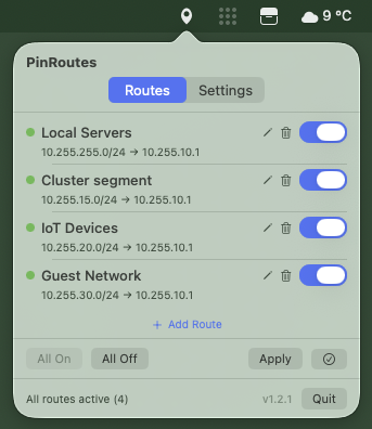 PinRoutes routes tab