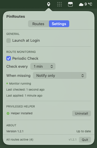 PinRoutes settings tab