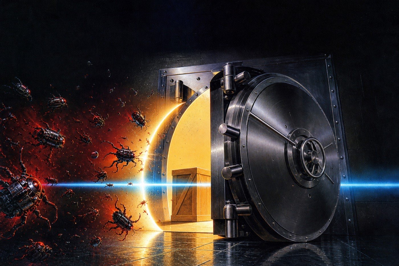 A steel bank-vault door standing open, a cyan scanning beam crossing a sealed package inside, repelling a swarm of metallic malware bugs into the dark.