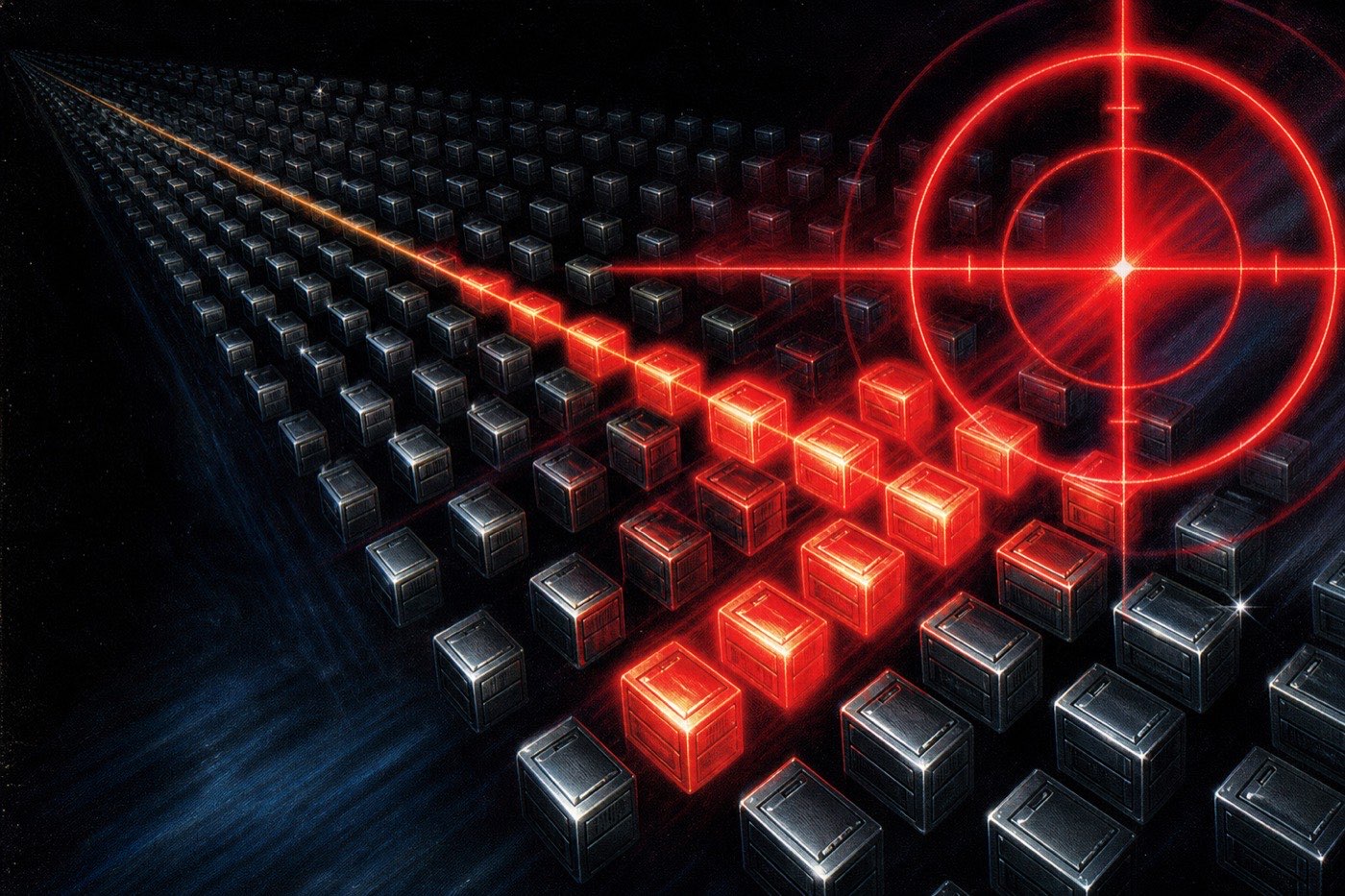 A red targeting reticle locking onto a whole receding grid of polished cubes at once — the matched cubes lit hot red, the rest left dark.